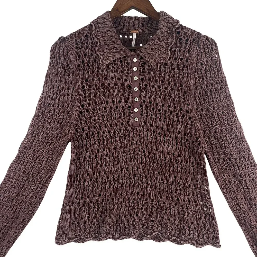 Free People Womens Pointelle Pullover Chicory Coffee Sweater SZ M Ribbon Cuff